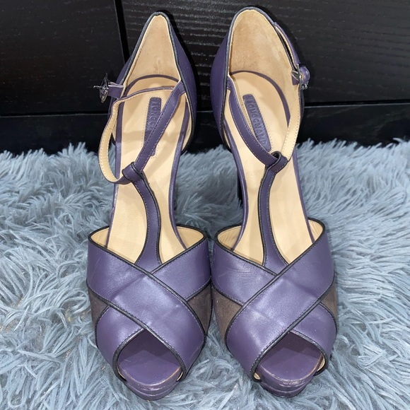 Longchamp Shoes - Longchamp Purple Leather Suede Peeptoe Heels Pumps